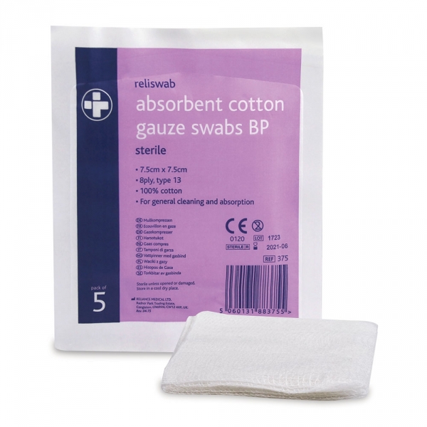 375 Reliswab Cotton Gauze Swabs BP Sterile 7.5cm x 7.5cm 5Pk