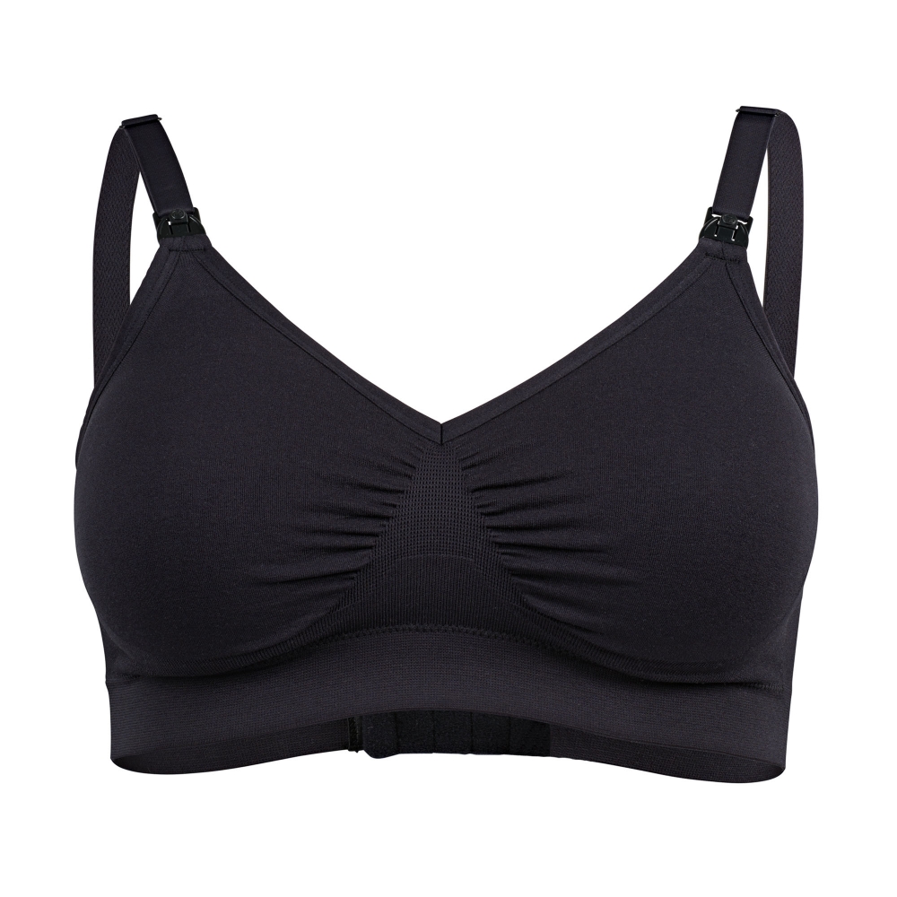 Medela's black comfy seamless bra for pregnancy and breastfeeding